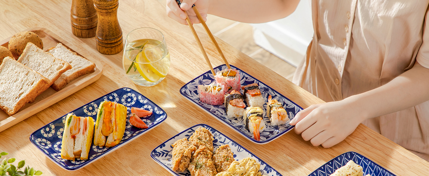 Набір сервірувальних тарілок Vancasso Selene (6 шт.) - великі, прямокутні, порцелянові, для свят, сніданків, фуршетів, сирної тарілки, мікрохвильова піч та посудомийна машина, блакитно-білий колір