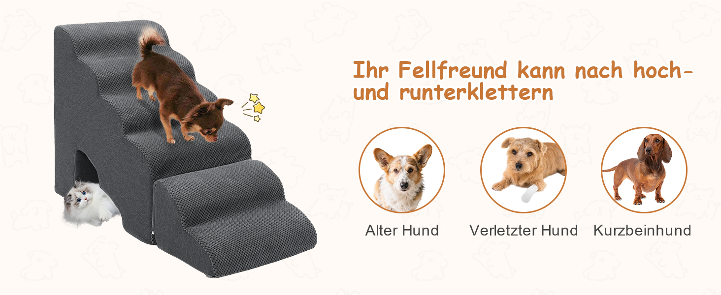 Східці для собак A.FATI 60 см: 6 ступенів, для ліжка, Boxspring, неслизькі, для маленьких/поранених собак та котів, темно-сірий