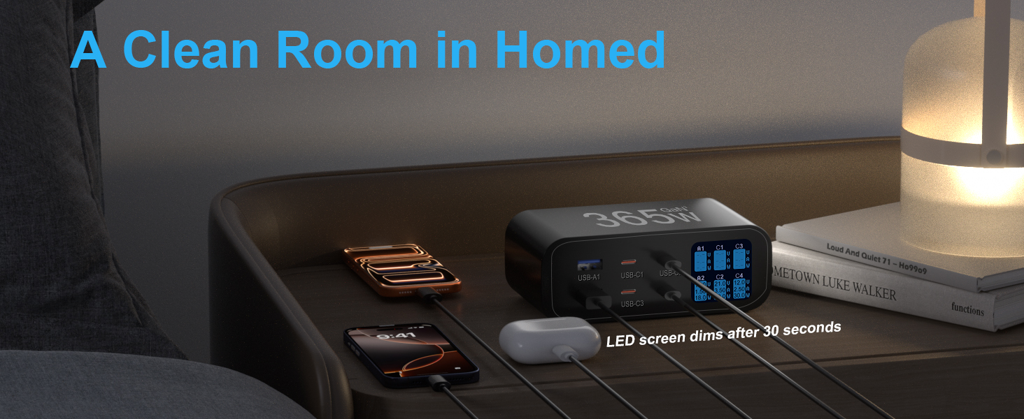 Зарядний пристрій USB-C 365W YSYFAD з 6 портами, PD 100W, QC 3.0, LED індикатор - для MacBook, ноутбуків, iPhone, iPad (Чорний)