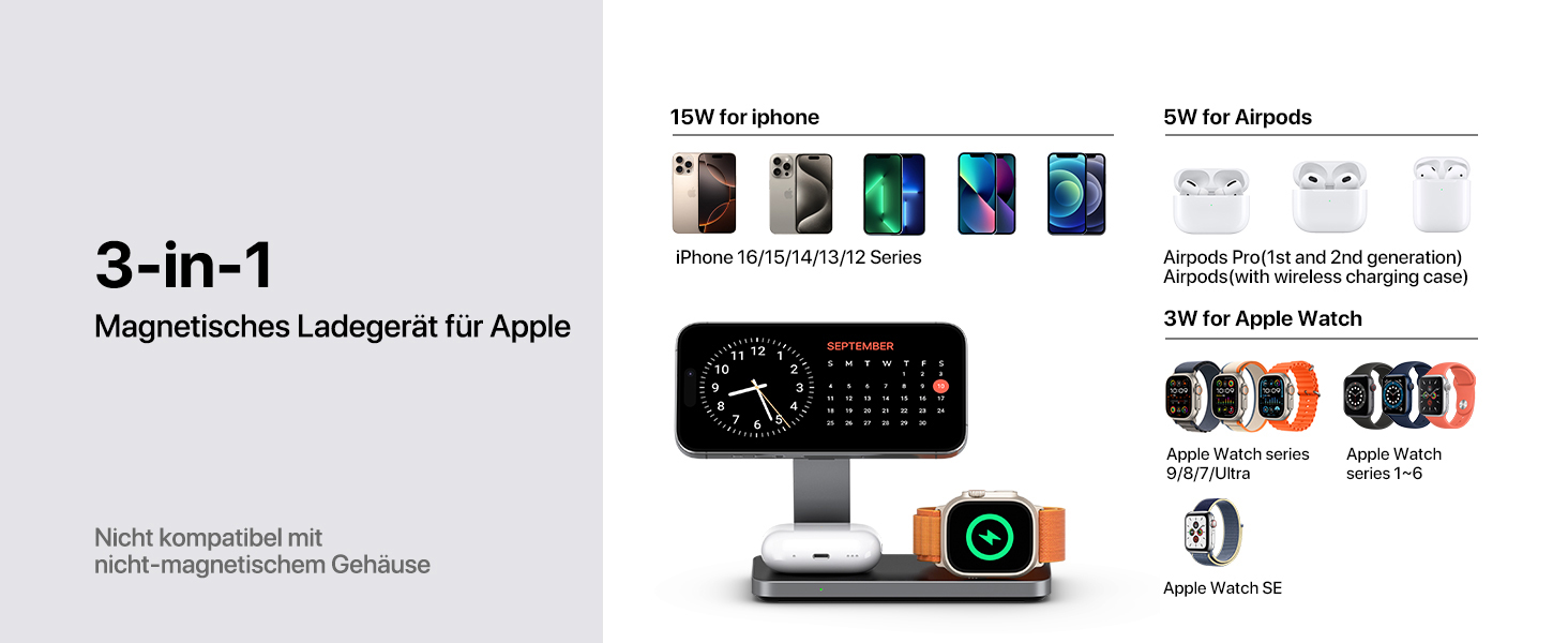 Бездротова зарядка Induktive з підтримкою MagSafe, 3-в-1 для iPhone 15/14/13/12, Apple Watch та AirPods, 30W, колір: чорний
