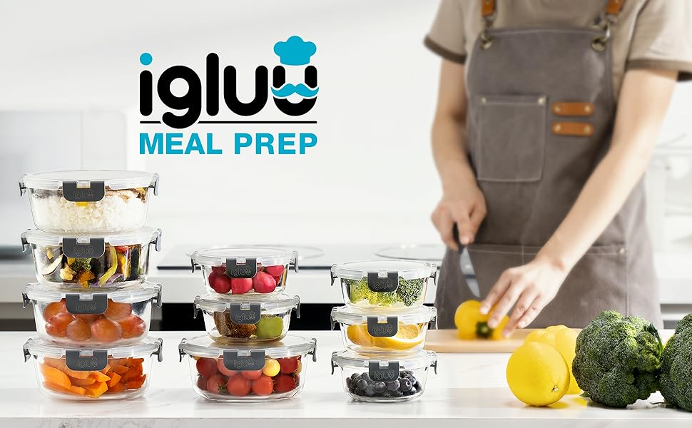 Набір контейнерів для їжі Igluu Meal Prep з боросилікатного скла (10 шт.) – мікрохвильовка, духовка, морозильник, посудомийна машина, не протікають, 370 та 1050 мл