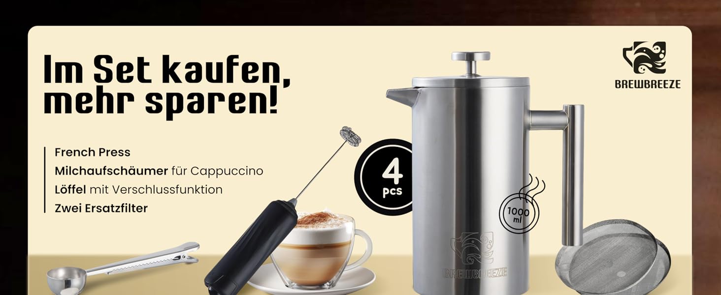 Набір для приготування кави френч-прес, 1 літр, з молочний спінювач, з нержавіючої сталі, термоізольований