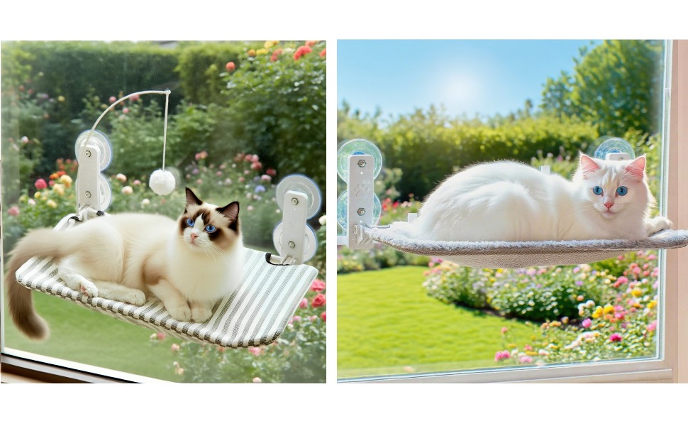 Кігтеточка-ліжко для котів на вікно, гамак з міцними присосками до 18 кг, знімний та перевертаний чохол, складана та стабільна (смужки, L)