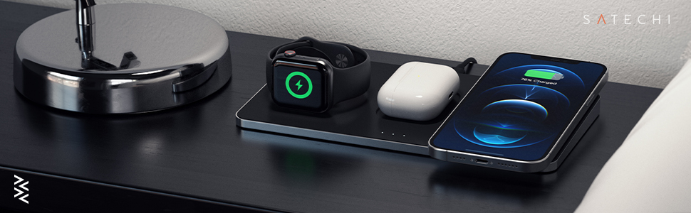 Бездротовий зарядний пристрій SATECHI Trio з магнітною панеллю, Qi-сертифікований, сумісний з iPhone 16 Pro Max / 16 Pro / 16/16 Plus, AirPods 3-го покоління, Apple Watch Ultra & Series