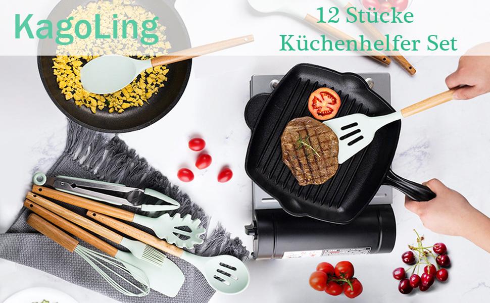 Набір кухонних аксесуарів KagoLing: 13 предметів з силікону з дерев'яними ручками (сірий)