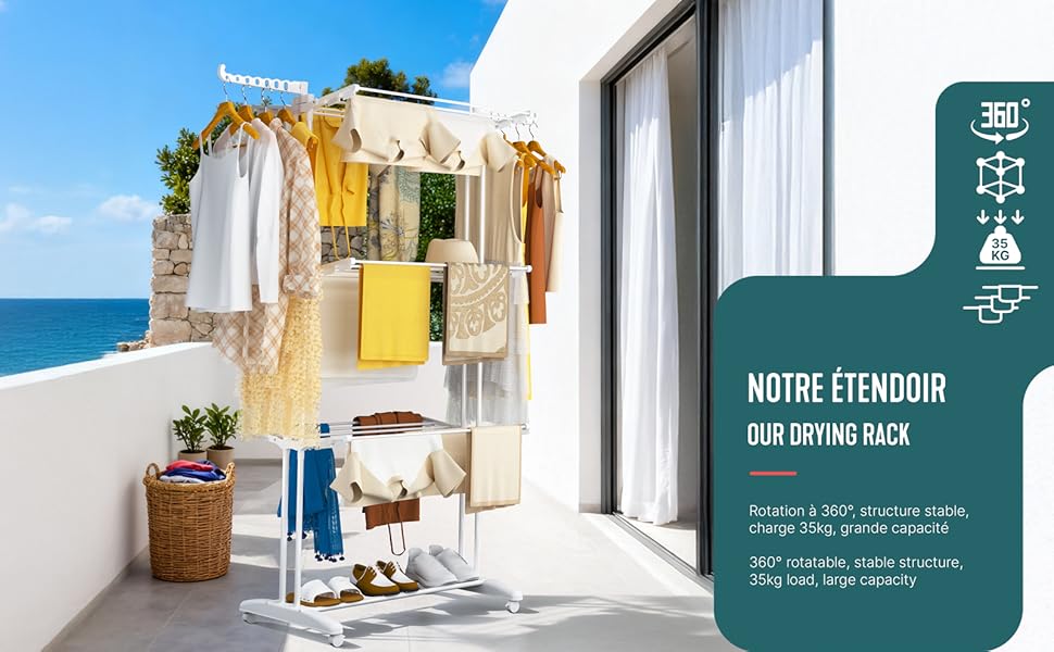 Внішній та внутрішній сушильний стелаж для білизни Vounot® з 4 ярусами, 125x62x173 см, з колесами та розкладними крилами