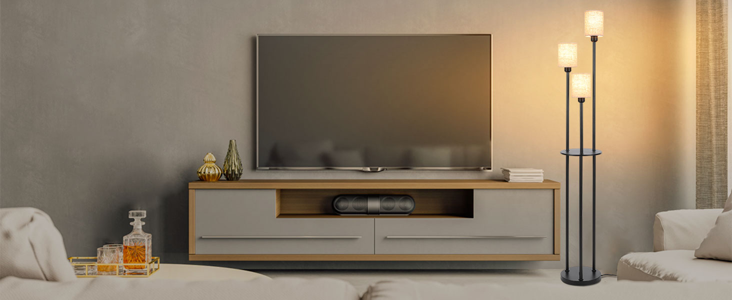 Стійка лампа Winverty для вітальні з полицею, 3 лампи, вінтажний стиль, чорний колір