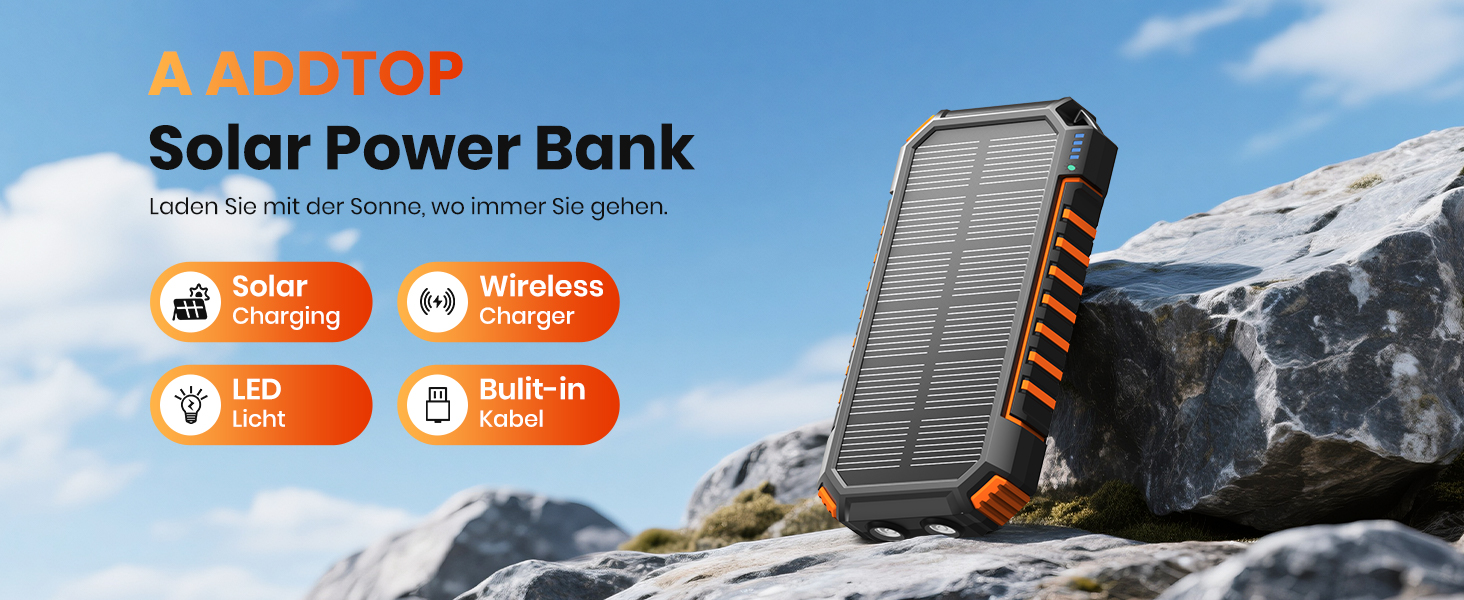 Сонячний Power Bank 27000mAh 15W з LED-ліхтариком та 5 виходами – зарядний пристрій для iPhone/Android (Orange)