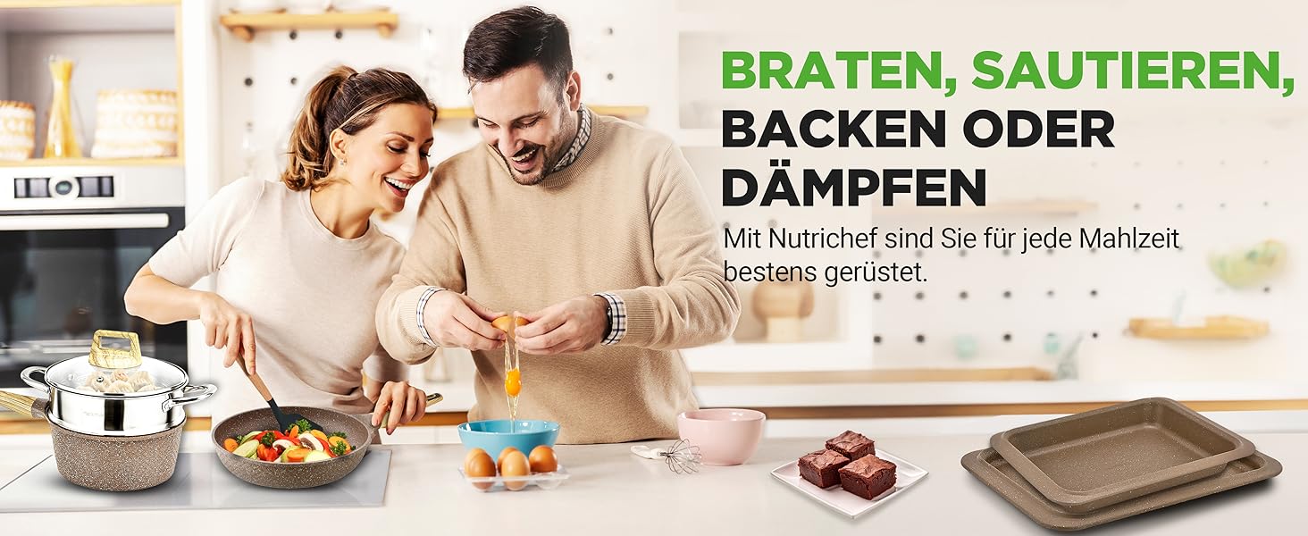 Набір посуду NutriChef Сандбраун 22 предмети з антипригарним мармуровим покриттям: сковороди, каструлі, кухонні прилади, форма для випічки, рукавиці, для індукційних плит, посудомийна машина