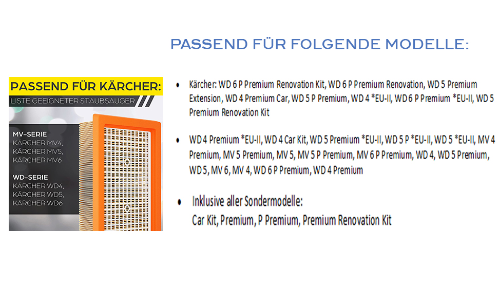 Фільтр для пилососа Kärcher (3 шт.) - сумісний з WD3, WD2, WD 3, WD1, MV3, MV2, NT, KNT, K A, SE, VC. Підходить для алергіків. Замінник 6.414-552.0, 6.414-772.0, 6.414-547.0