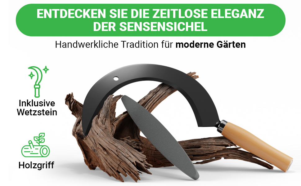 ALBAJ Sickle with Wooden Handle - traditional sharp sickle - sustainable scythe 35x22 cm - includes free sharpening stone – robust sickle for grass