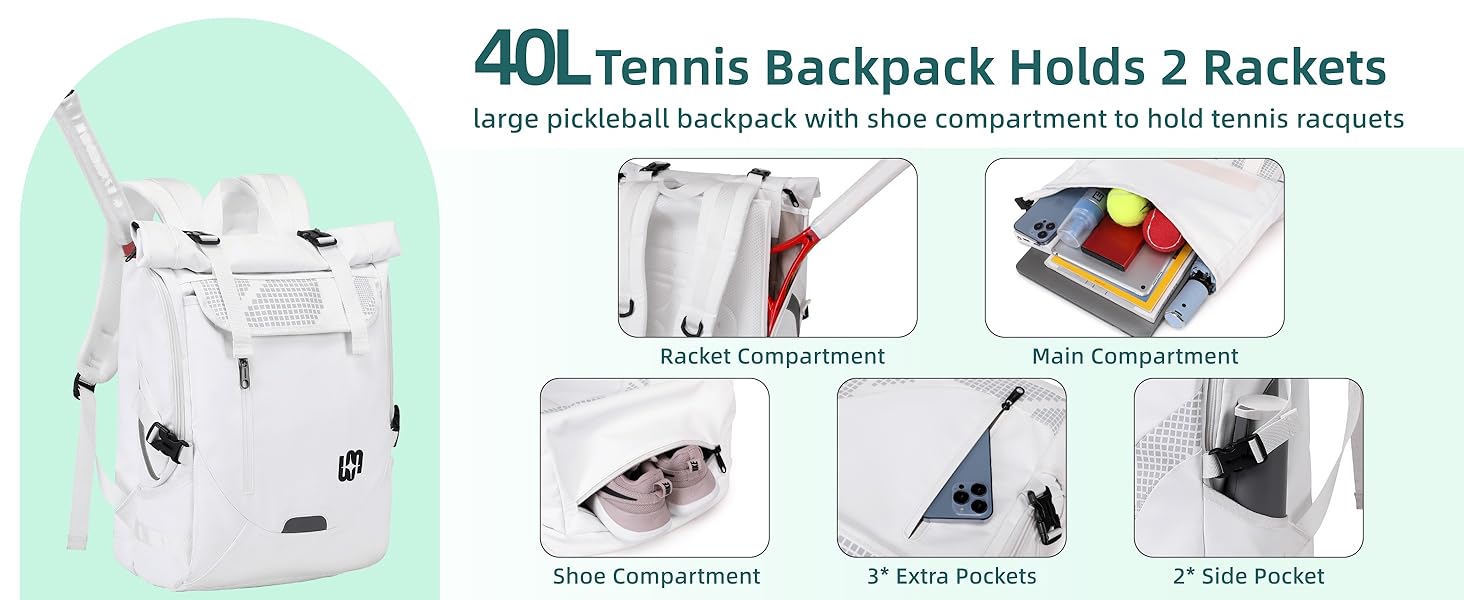 Спортивна сумка для тенісу UtiaMiaoGonGo - рюкзак для ракет, вміщує 2 ракетки та має відділення для взуття. Підходить для тенісу, бадмінтону та падел-тенісу (білий)