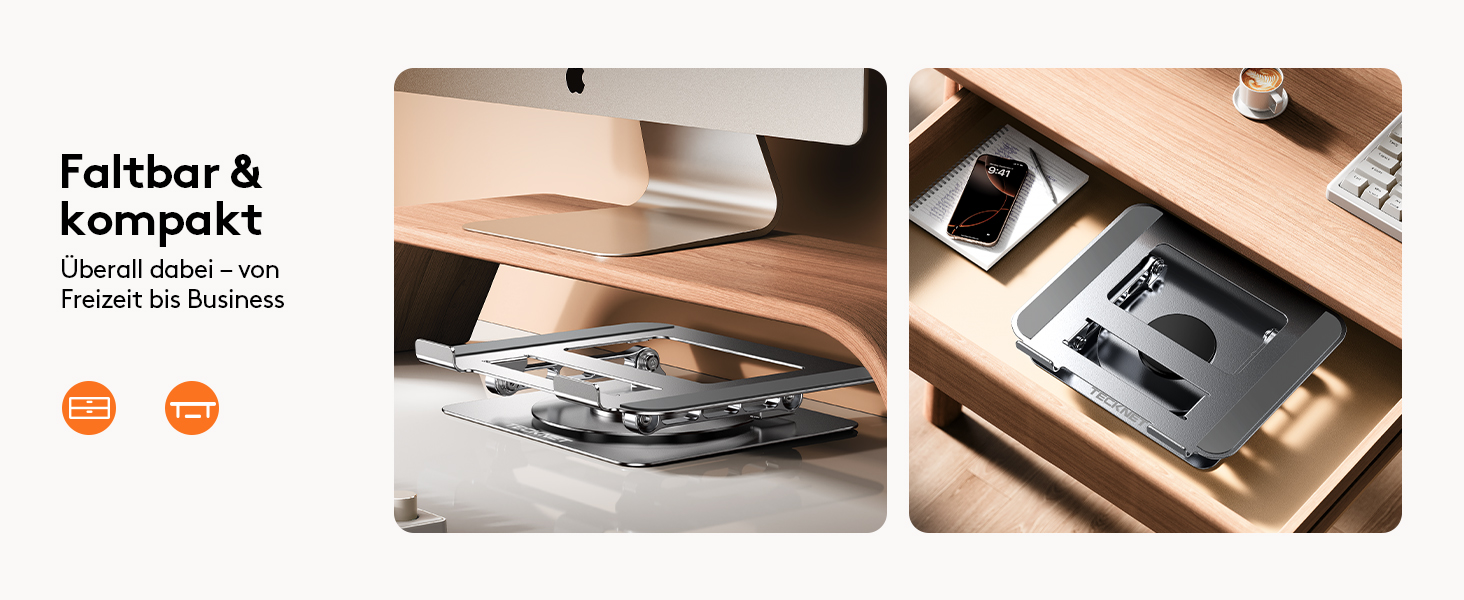 Підставка для ноутбука TECKNET 360° - регульована висота, металева, ергономічна, сумісна з MacBook, Dell (до 17.3