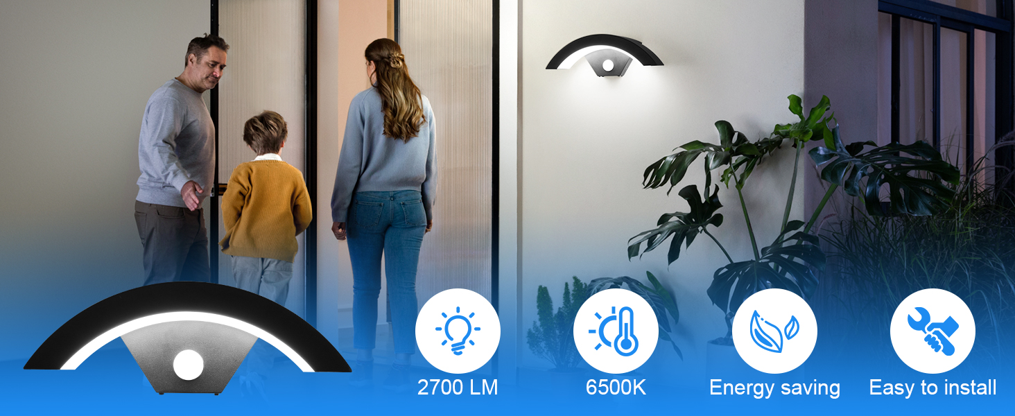 Зовнішня вулична LED-стіна Comely 24W з датчиком руху, IP65, алюміній, тепле світло 3000K, для саду, тераси, сходи, чорний (2 шт.)
