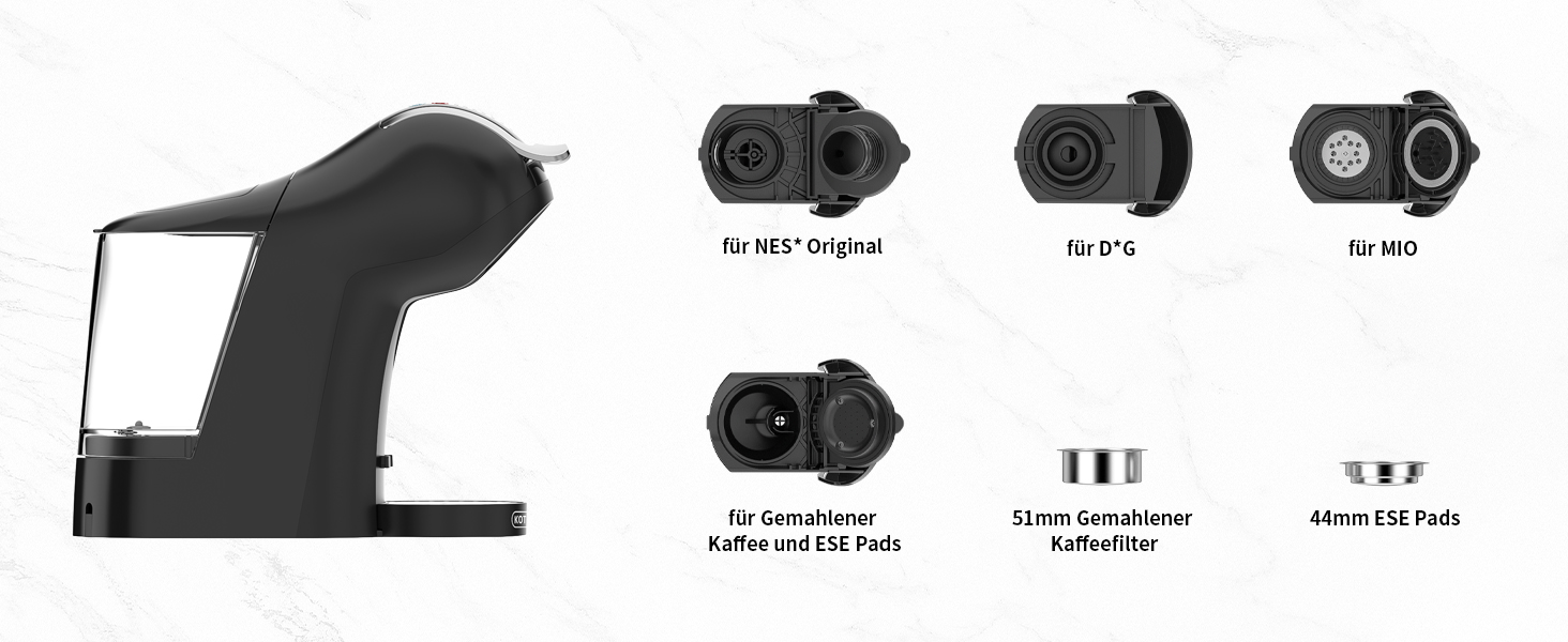 Кавомашина KOTLIE 5-в-1 для капсул, меленої кави та ESE (44 мм), чорна (EM-308A)