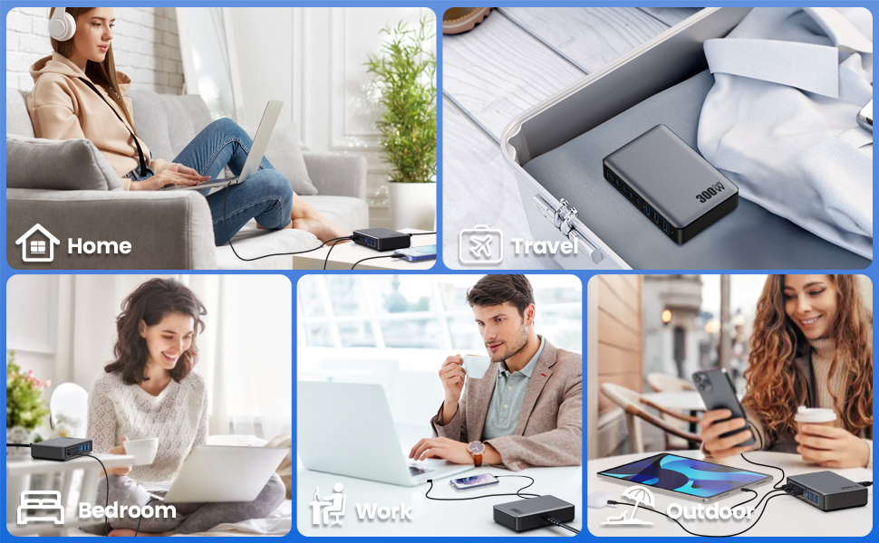 Зарядний пристрій USB C 300W, 8 портів, швидка зарядка 100W PD PPS для ноутбука, MacBook, iPad, iPhone 16/15/14, Samsung – Чорний