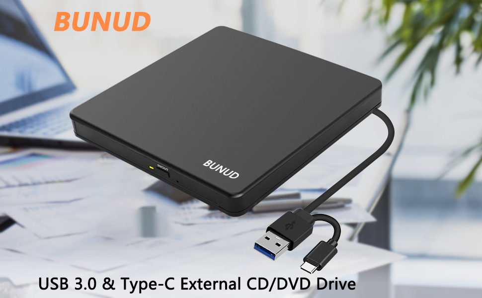 Зовнішній CD/DVD привід BU USB 3.0 & Type-C, DVD+/-RW Brenner з картридером SD/TF та USB-портами для ноутбука, ПК, MacBook, Windows 11/10, macOS, чорний