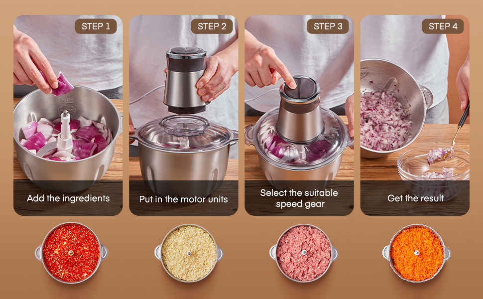 Електричний подрібнювач FOHERE для кухні, 350W, з чашею 2.5л з нержавіючої сталі та 2 швидкостями, 4 леза з нержавіючої сталі для м'яса, цибулі та овочів