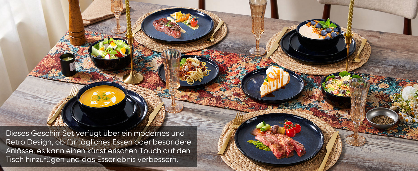 Набір посуду HaWare на 6 осіб, 18 предметів: тарілки з реактивної глазурі, комплект посуду для сервірування столу (Edelblau)