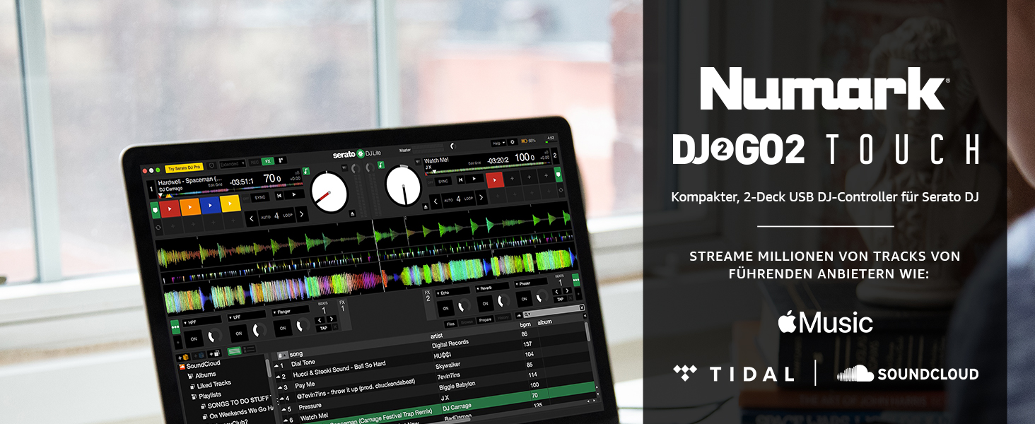 DJ контролер Numark DJ2GO2 Touch: 2-канальний, компактний, з мікшером та аудіоінтерфейсом, Serato Lite