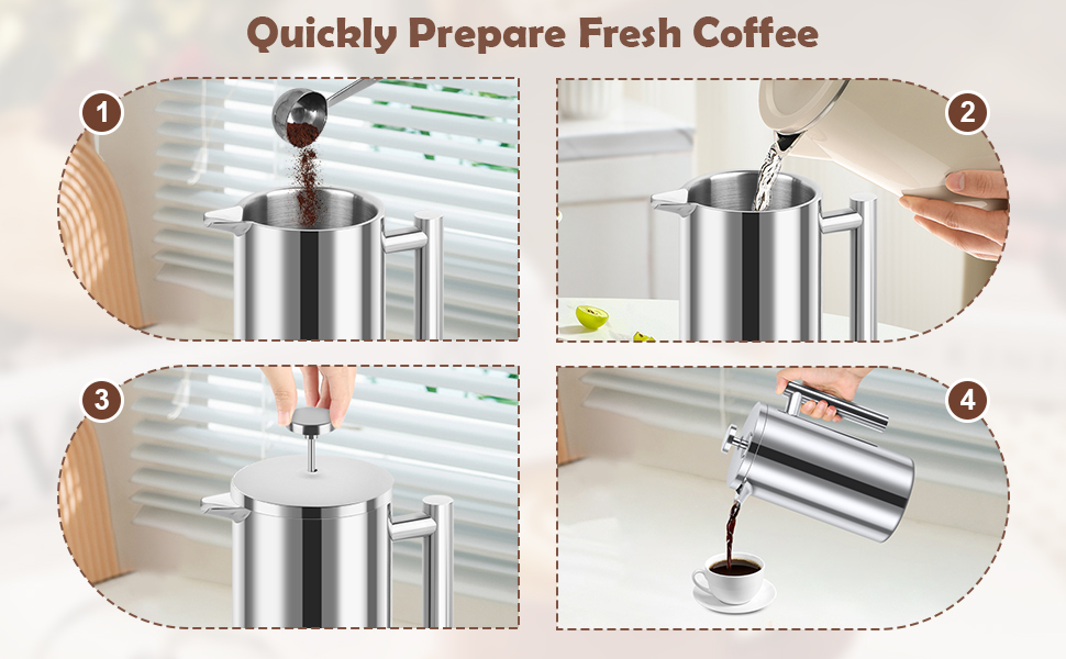 Френч-прес для кави з нержавіючої сталі, 1000 мл, з подвійними стінками, ізольований, для дому, кемпінгу та офісу