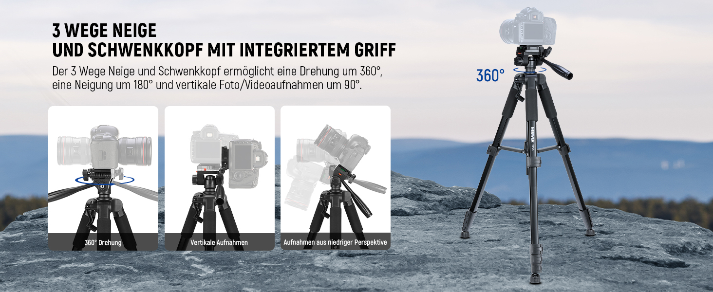 Штатив для камери та смартфона NEEWER Basics (TP55), легкий алюмінієвий туристичний трипод 188 см з 3-позиційною нахильною головкою