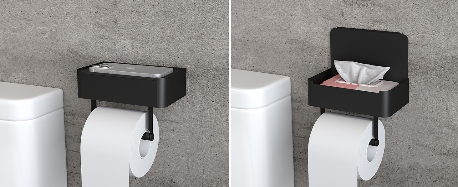 Тримач для туалетного паперу Gypie з відсіком для вологих серветок, нержавіюча сталь 304, чорний, самоклейний або під гвинти