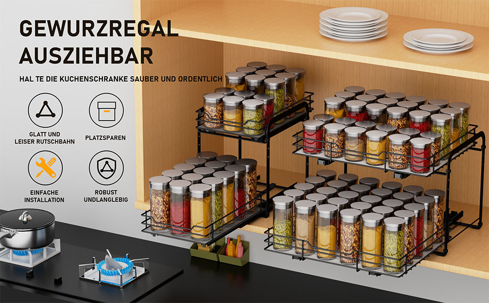 Pull-out Spice Rack, Cabinet Organizer for Kitchen, 2-Tier Spice Storage, Upper and lower baskets can be pulled out independently, Height adjustable for most kitchen cabinets