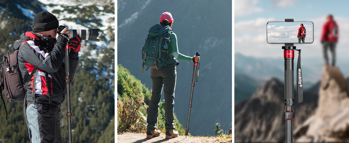 Монопод Manbily 32мм з карбону для камери: 44-174см, 6 секцій, до 15кг, з кліпсою для телефону, червоний