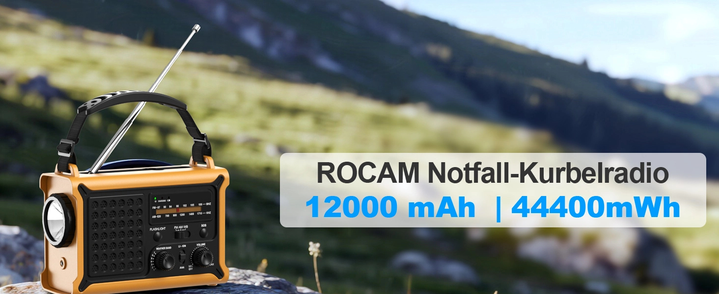 Радіостанція ROCAM на сонячній батареї та з ручним генератором, 12000mAh, AM/FM, LED ліхтарик, USB, SOS, IPX6, для кемпінгу та надзвичайних ситуацій (Жовтий)