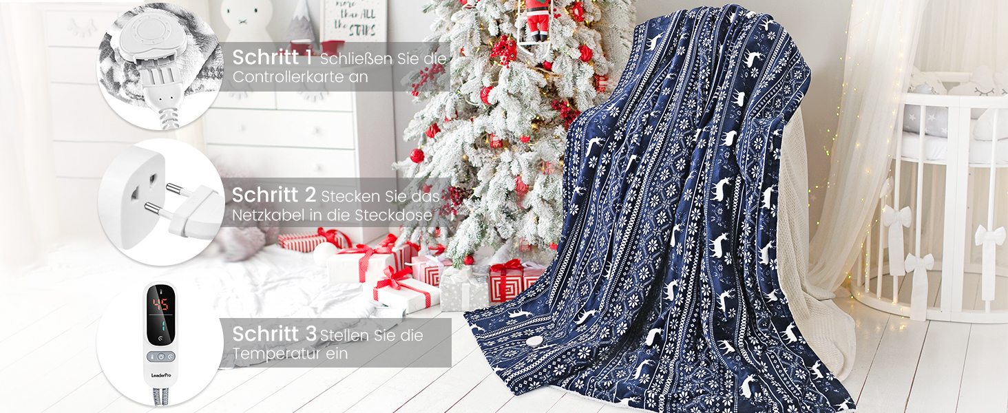 Електрична ковдра LeaderPro з автовимкненням, 160x180 см, фланель, 6 режимів нагріву, пральна, з захистом від перегріву, таймер 1-9 годин, для ліжка, дивану, офісу