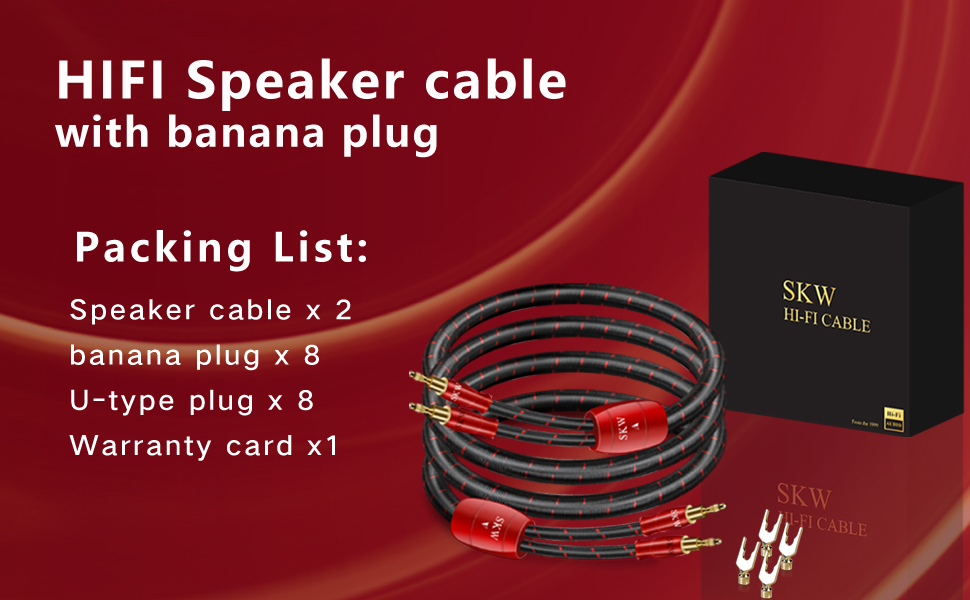 Комплект акустичних кабелів SKW 2м (пара), 14 AWG OFC мідь, екрановані, з позолоченими банановими та гвинтковими роз'ємами, у бавовняному обплетенні, червоні