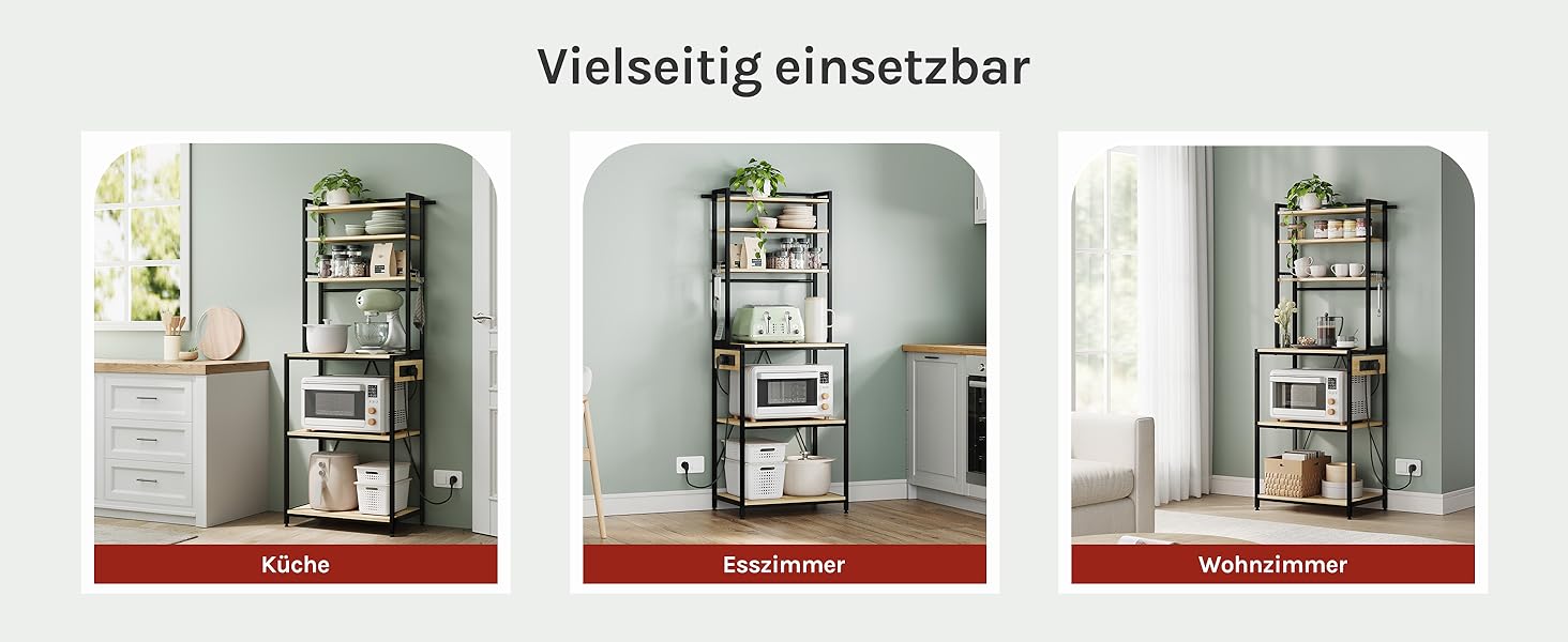 Кухонна полиця WOLTU з 6 ярусами, з розетками, для мікрохвильової печі, з металевим каркасом, регульовані полиці, Чорний+Рустикальний коричневий, 60 x 167 x 40 см