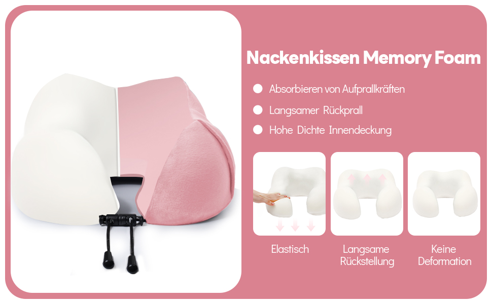 Подушка для шиї у літак - подушка для подорожей Memory Foam, ергономічна форма - подушка для шиї з маскою для сну, навушниками, сумкою - ідеальна для літака, подорожей, офісу, дому Рожева