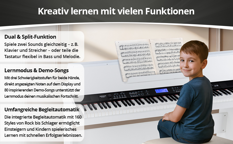 FunKey DP-88 II – цифрове піаніно з 88 клавішами, поліфонія 128, 360 звуків, 160 стилів, MP3-плеєр, функція навчання, запис та відтворення, 3 педалі, білий колір