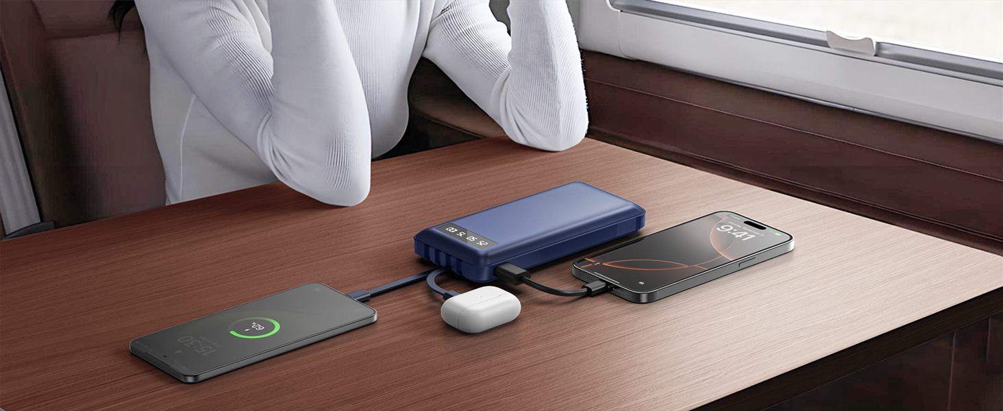 Powerbank 26800mAh з 4 вбудованими кабелями, 22.5W, LED дисплеєм та підставкою, блакитний. Сумісний з iPhone, iPad, Samsung Galaxy.