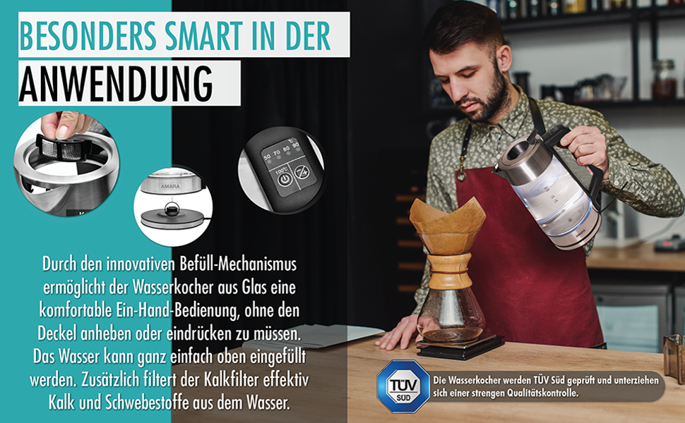 Електричний чайник AMARA з регулюванням температури, 2200 Вт, 2 л, тихий, 50-100°C, EASY-FILL, LED-індикатор температури