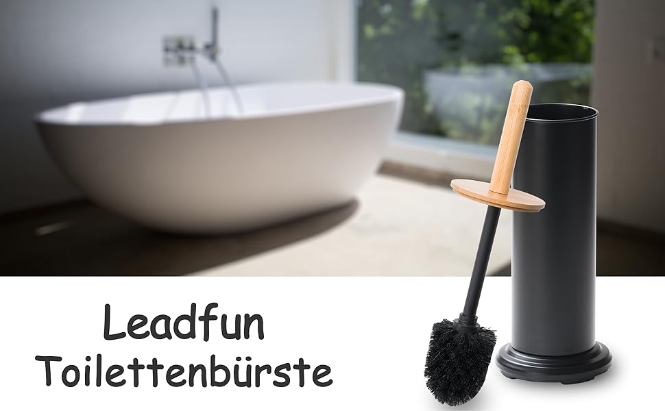 Щітка для туалету Leadfun з бамбуковою ручкою, металевим тримачем, 2 насадки, посилена основа (чорний)