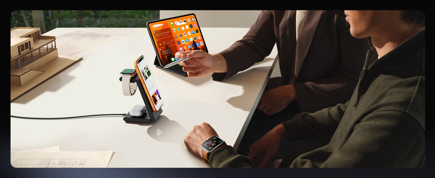 Зарядний пристрій 3-в-1 GEEKERA MagSafe для Apple Watch, iPhone (12-17) та AirPods, індуктивне зарядне, чорний матовий