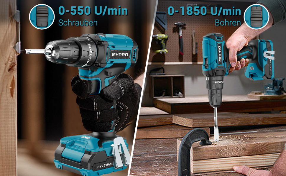 Акумуляторний шуруповерт MHPRO 21V з 2 акумуляторами 2.0Ah, 42Nm, 25+3 ступені крутного моменту, LED, 10мм патрон, 14-ти частинний набір для дому та саду