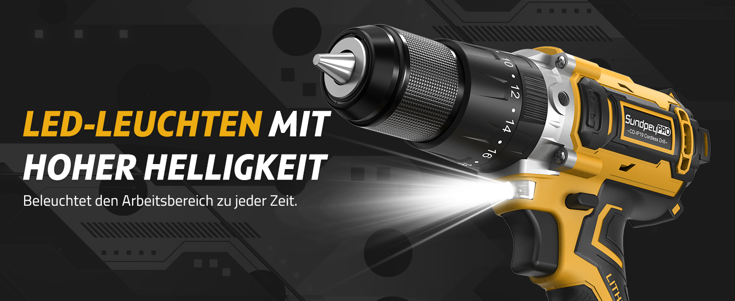 Акумуляторний дриль-шурупокрут SundpeyPRO 21V з ударною функцією, 120 Nm, 2 x 4000mAh, 20+3 ступені крутного моменту, 13 мм патрон, 2 швидкості, LED
