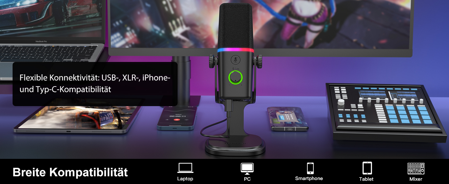 Динамічний мікрофон Haomuren XLR/USB з RGB-підсвіткою для геймінгу, подкастів та YouTube
