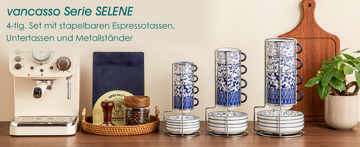 Набір чашок для еспресо Vancasso SELENE з блюдцем та підставкою, 4 шт, 90 мл, блакитно-білий, кераміка