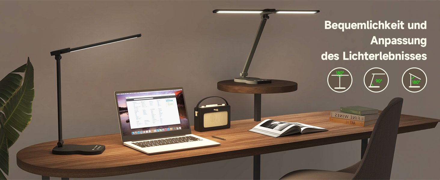 LED лампа настільна з двома руками, 5 кольорів та 10 рівнів яскравості, таймер вимкнення 45 хв, сенсорне керування, для навчання (біла) (чорна)