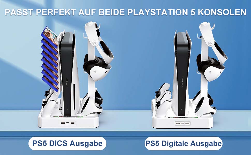 Док-станція KUNSLUCK для PS5 та PS VR2 з 2 вентиляторами, 3-в-1: підставка, зарядка контролерів, охолодження консолі, органайзер аксесуарів для PlayStation 5 та PS VR2