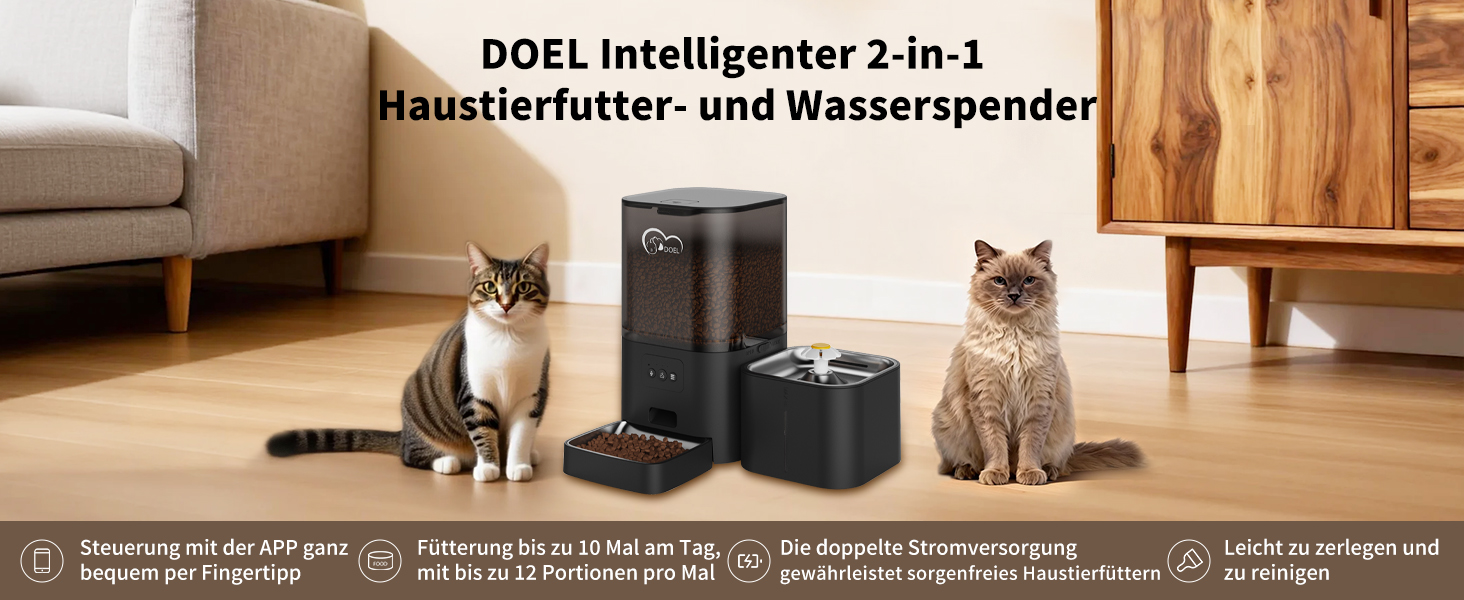 Автоматичний диспенсер корму та води для котів DOEL 2-в-1 з керуванням через додаток, голосовою підтримкою та таймером, 6л корму + 2.5л води