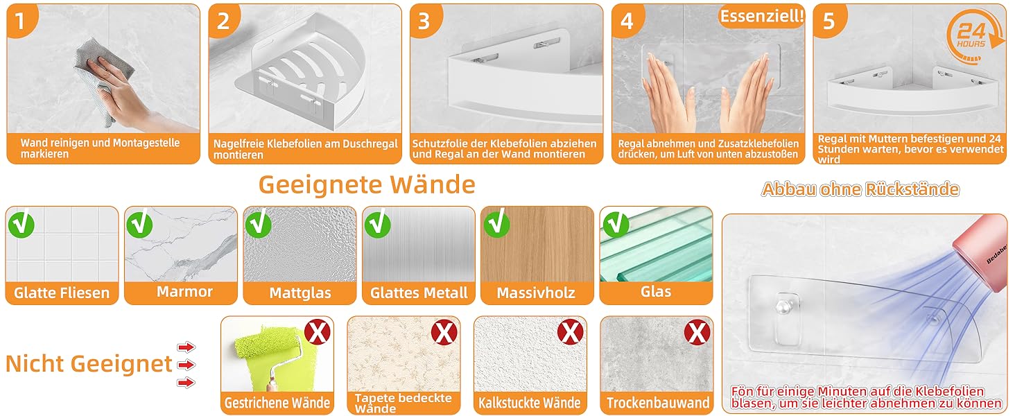 Поличка для душу без свердління, кутова, з нержавіючої сталі, з алюмінію - 2 шт., самоклеюча, для ванної кімнати, 8 кг на полицю, білий