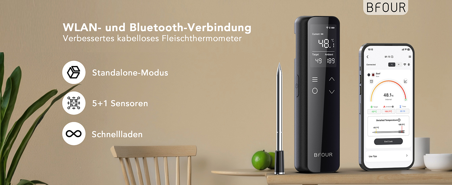 Бездротовий термометр для м'яса з Wi-Fi, LCD-базою та Bluetooth, ±0,5°C, BF-70