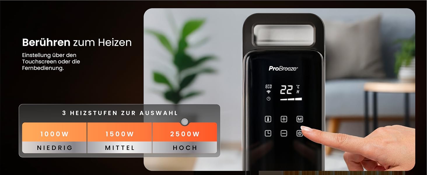 Розумний електричний масляний радіатор Pro Breeze 2500W, 11 секцій, з керуванням через Wi-Fi/App, термостатом, таймером на 24г та сенсорним дисплеєм, білий