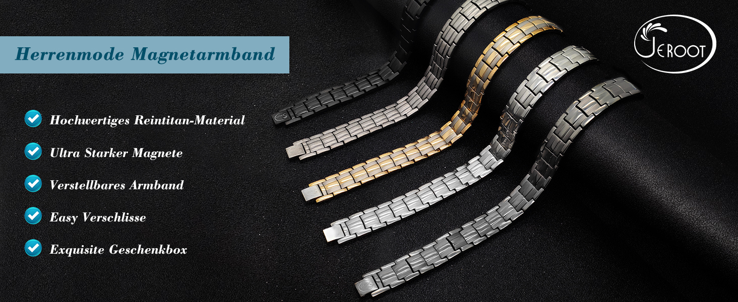 Браслет на магніті JEROOT для чоловіків, чорний титановий браслет з 4 елементами, подвійний ряд, браслет для здоров'я та енергії з високоякісною застібкою-складкою та знімачем ланок годинника (3500 гаус)